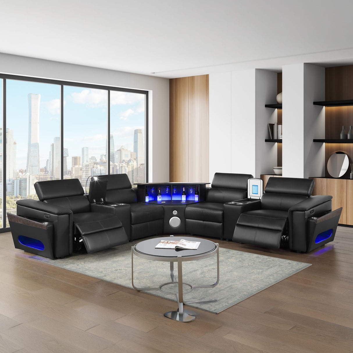 Nova - Sectional With Bluetooth Speaker, LED And Lifting Wine Cabinet