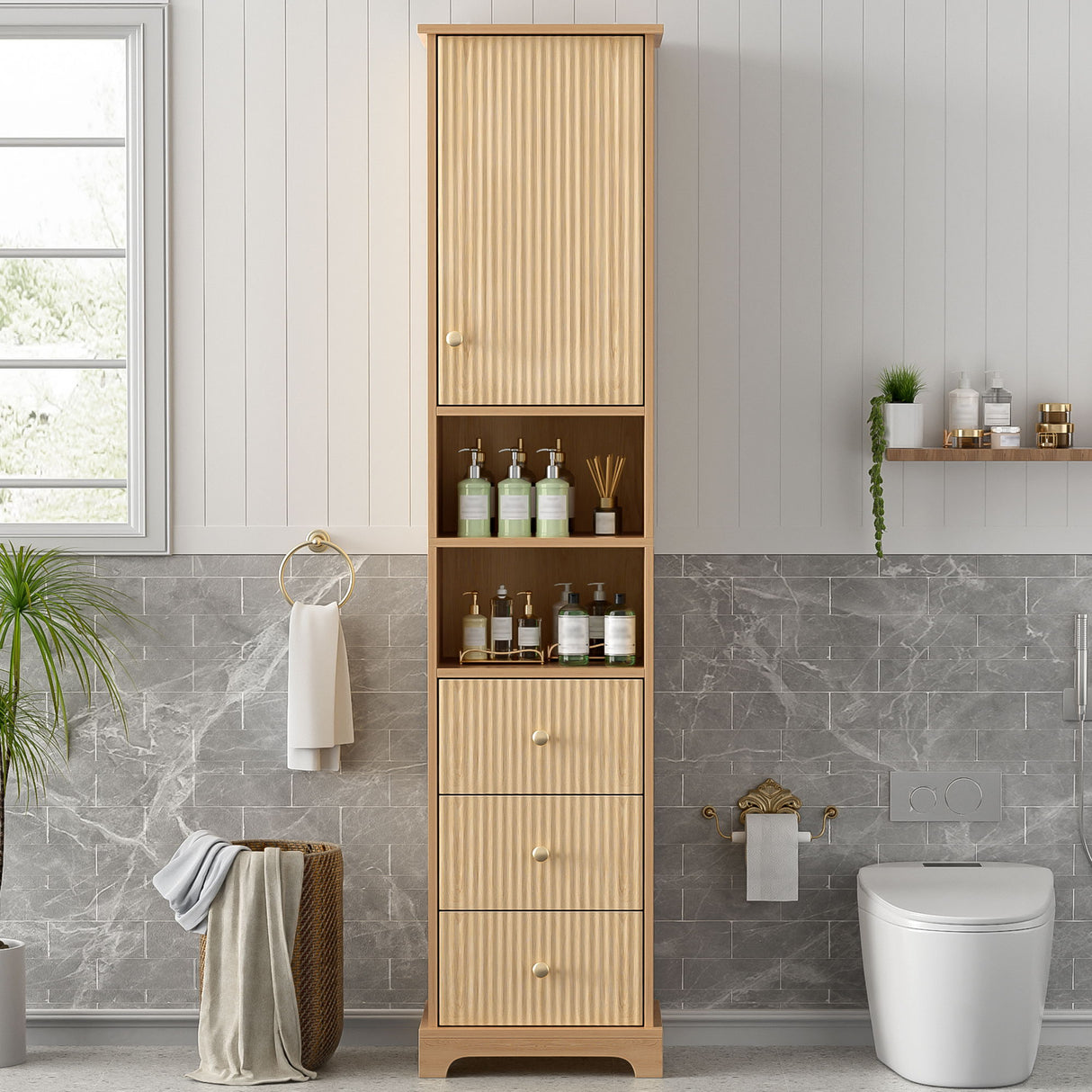 Tall Bathroom Cabinet With 1 Door, 3 Drawers, Open Storage - Wood