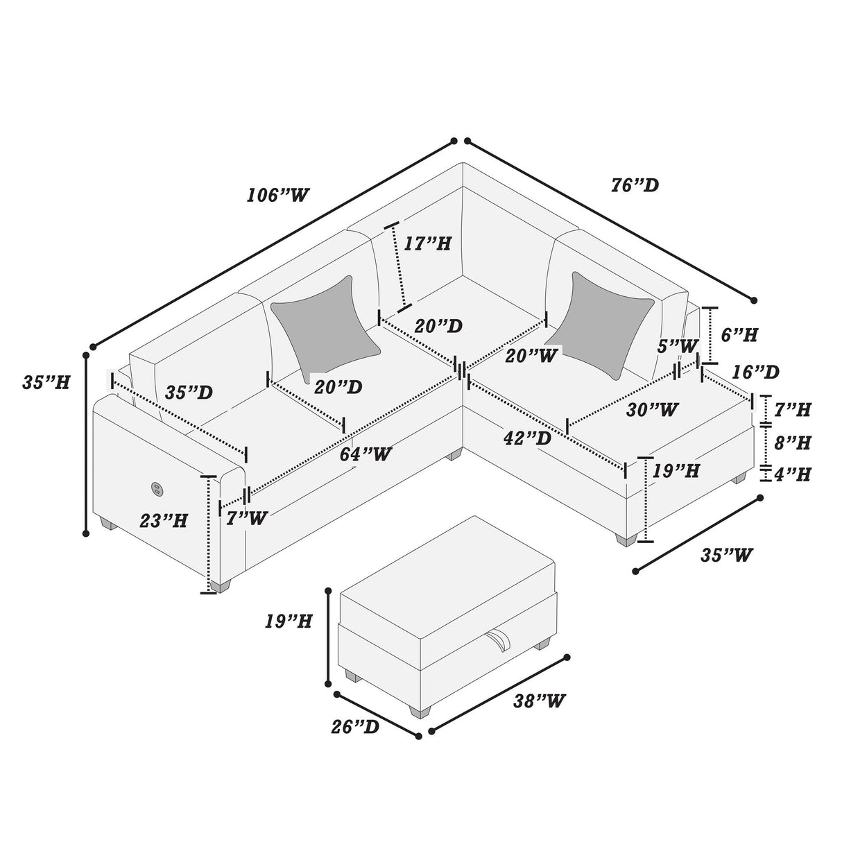 Modern Style Sectional Set With USB Port, Storage Ottoman