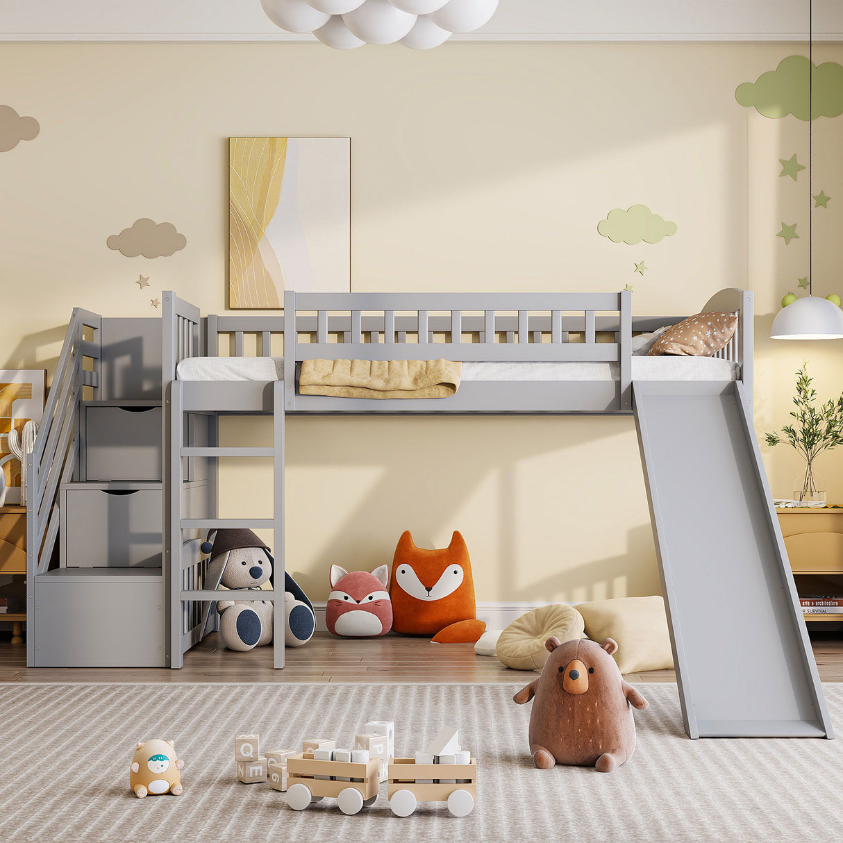Loft Stairway Bed With 2 Drawers, Convertible Ladder And Slide