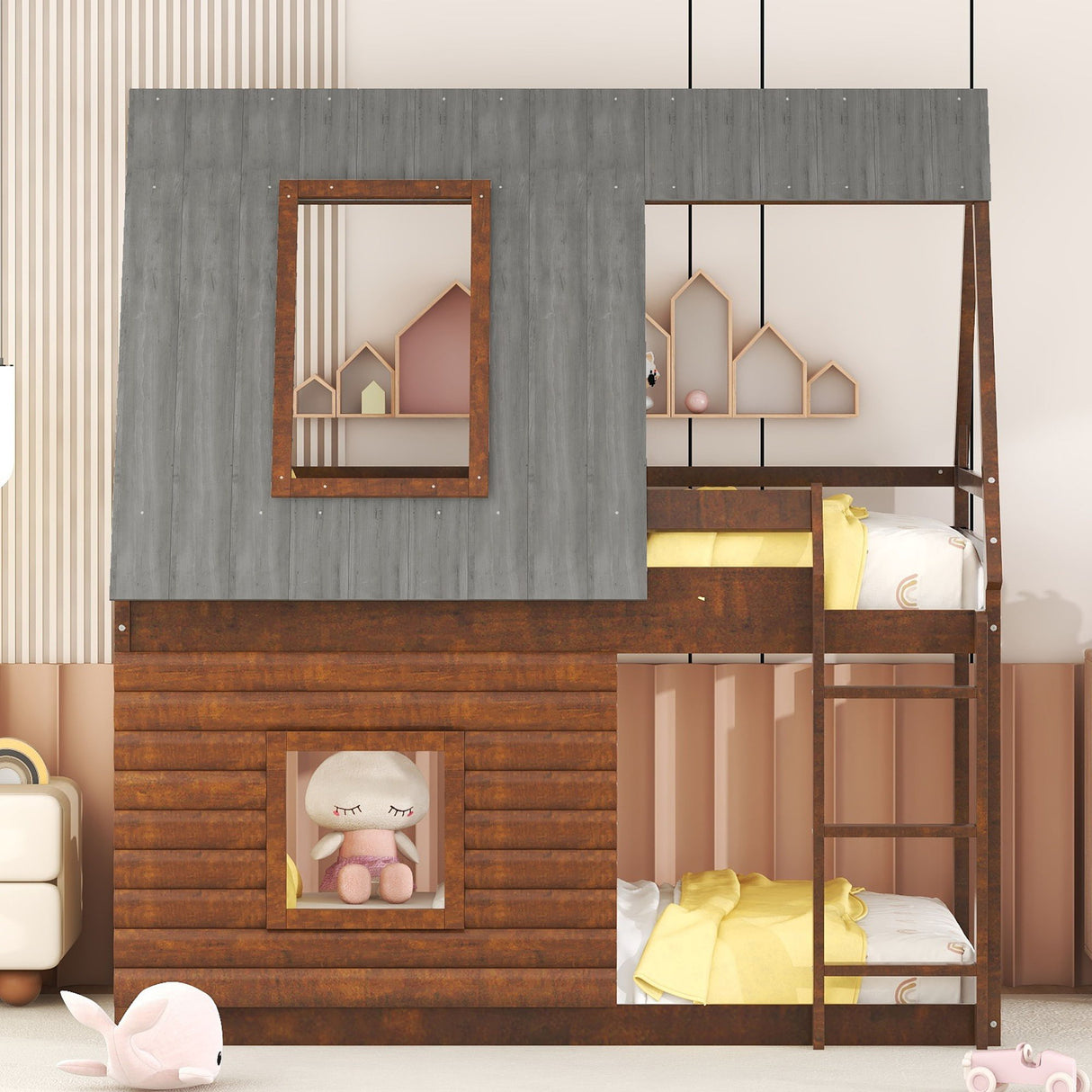 Twin Size House Bunk Bed With Roof, Ladder And 2 Windows - Brown & Smoky Gray