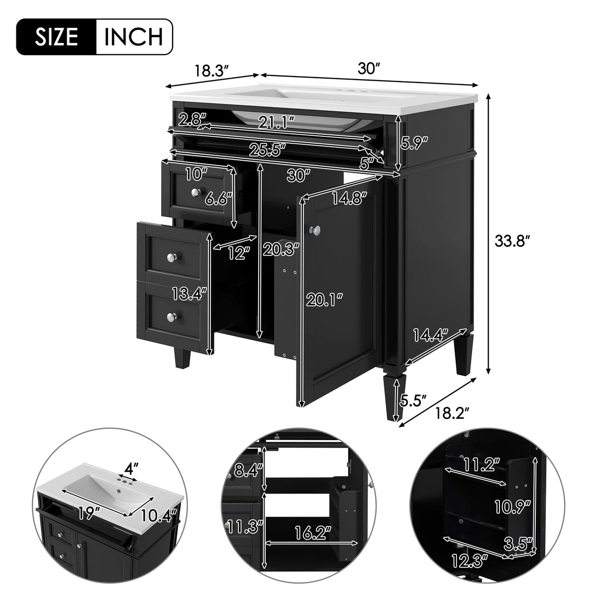 Bathroom Vanity With Top Sink, Storage Cabinet With 2 Drawers, Tip Out Drawer