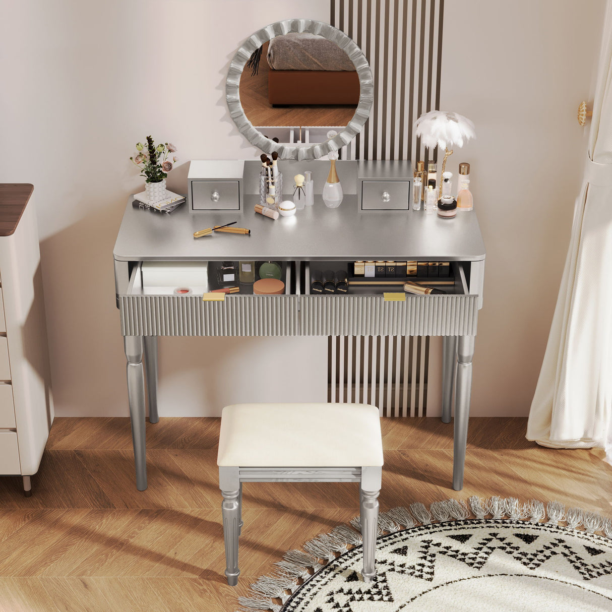 Luxury Vanity Desk With Round Mirror Height Adjustable Dressing Table Set Engineered Wood - Silver