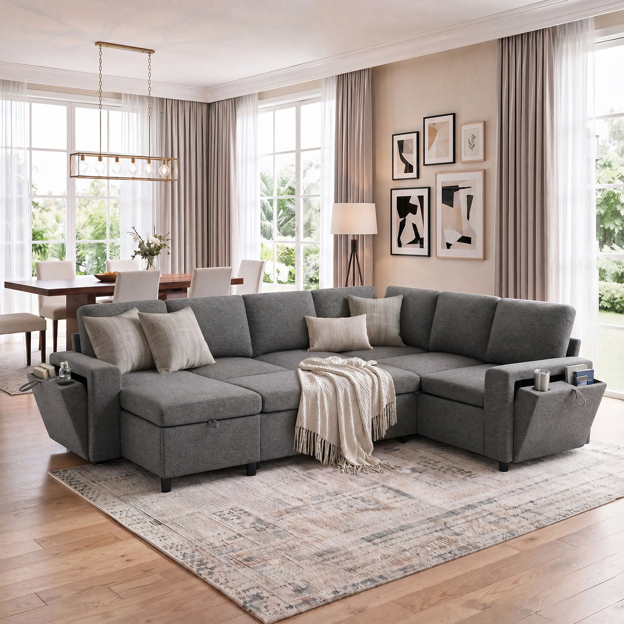 U - Shaped Convertible Sectional Sofa Bed With Storage, USB Charger & Cup Holders