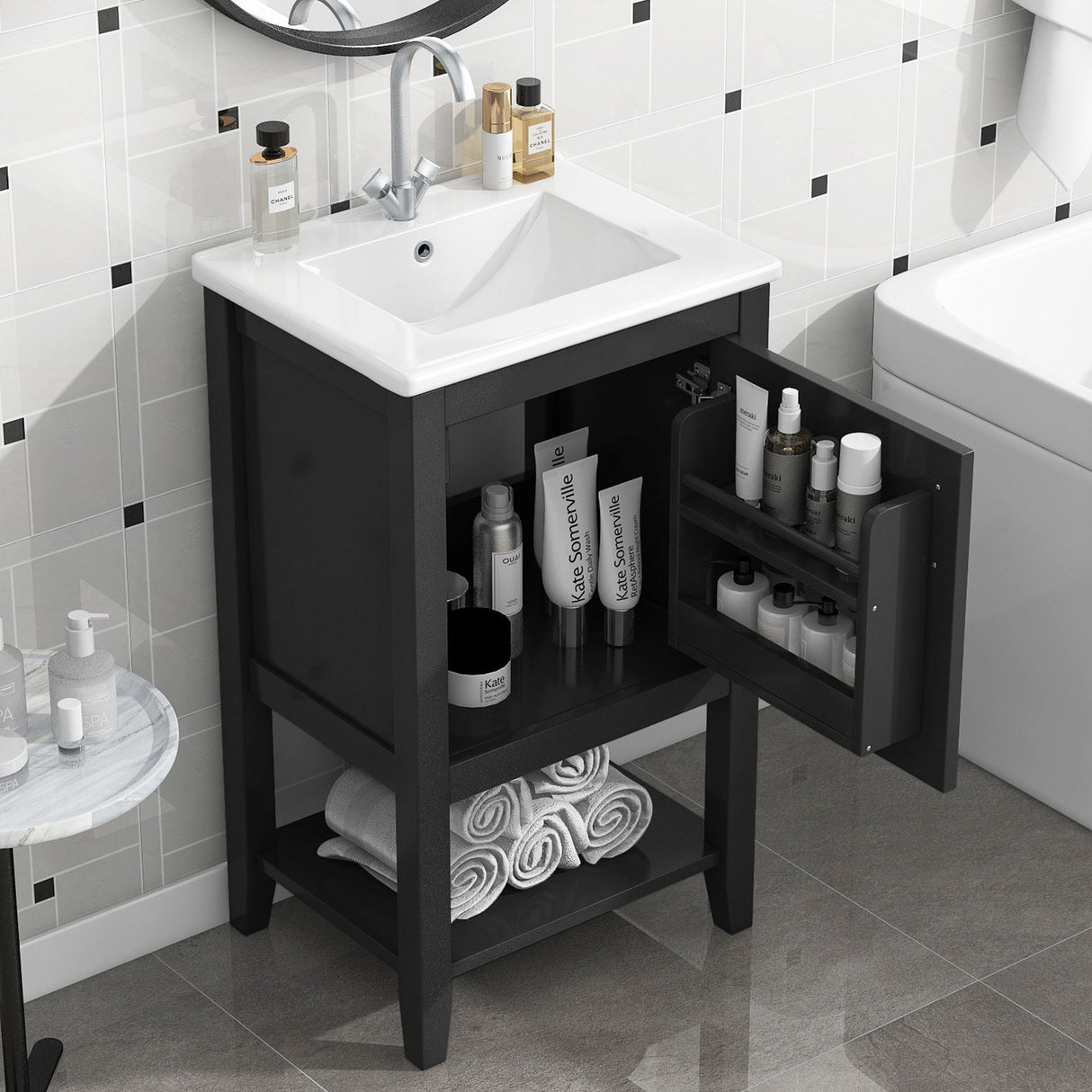 Modern Bathroom Vanity With Sink, Soft-Closing Door And Open Shelf