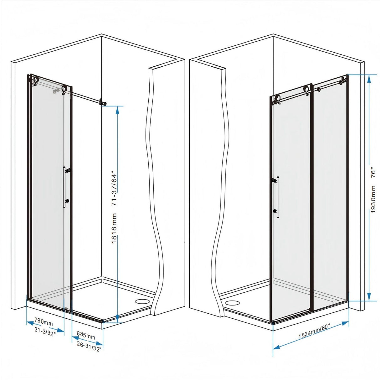 Frameless Shower Door, Smooth Sliding Tracks