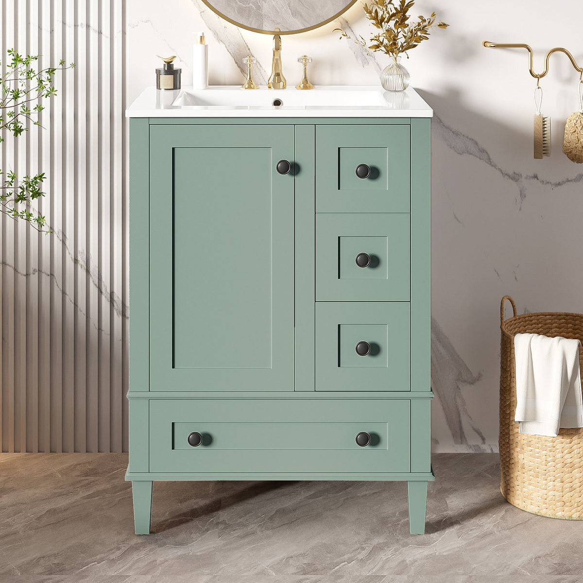 Bathroom Vanity With Integrated Basin, Soft Close Drawers, Door Mounted Double Layer Shelf