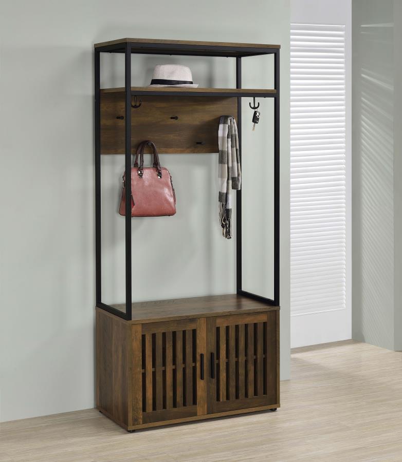 Quincy 2-door Coat Rack Hall Tree Storage Bench Dark Pine - 980006