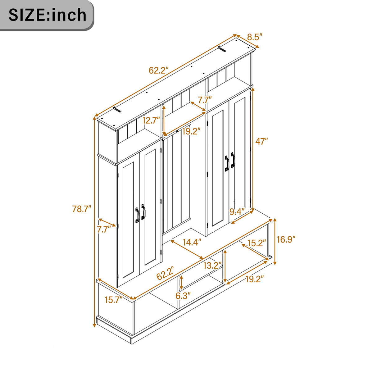 Entryway Hall Tree With Bench, 3 Top Cubbies & Bottom Storage Space