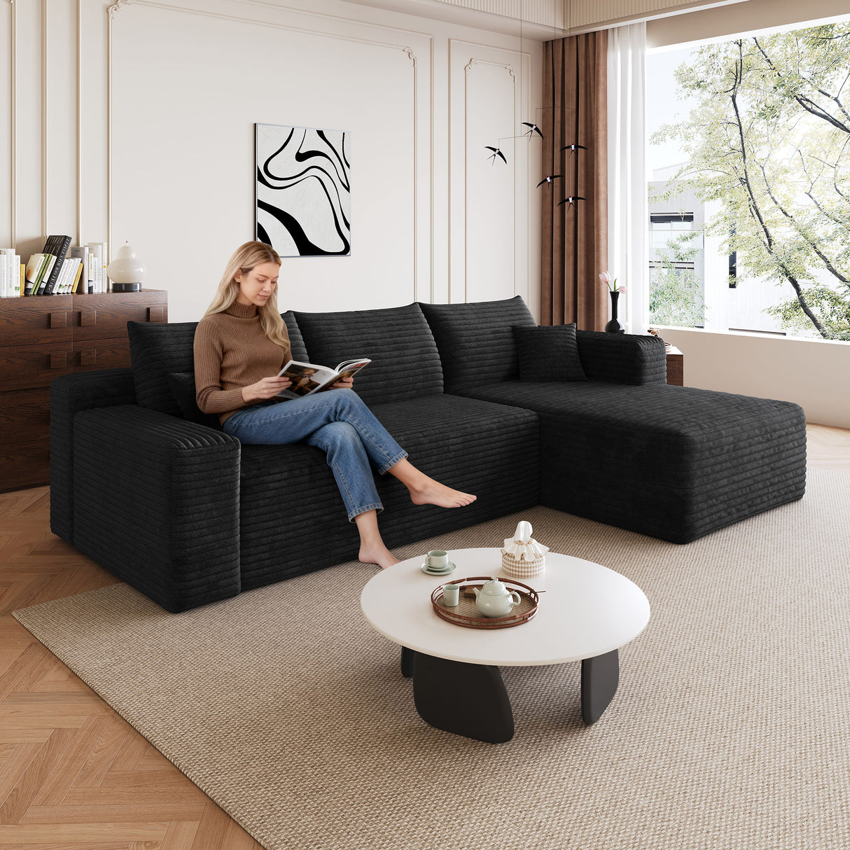 Cloud Sectional Sofa, Comfort U-Shaped Sofa For Living Room - Black