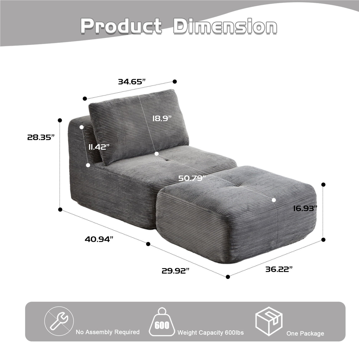 Single Chaise Longue With Movable Ottoman For Living Room