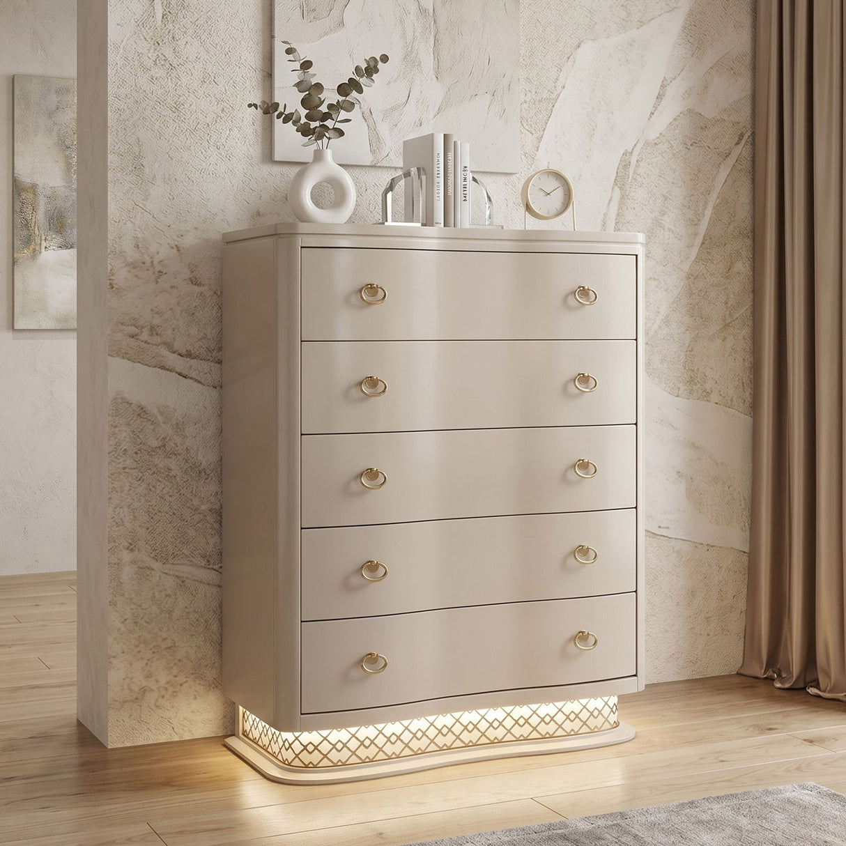Flora - 5 Drawer Chest With Vertical Storage, LED Lighting - Champagne