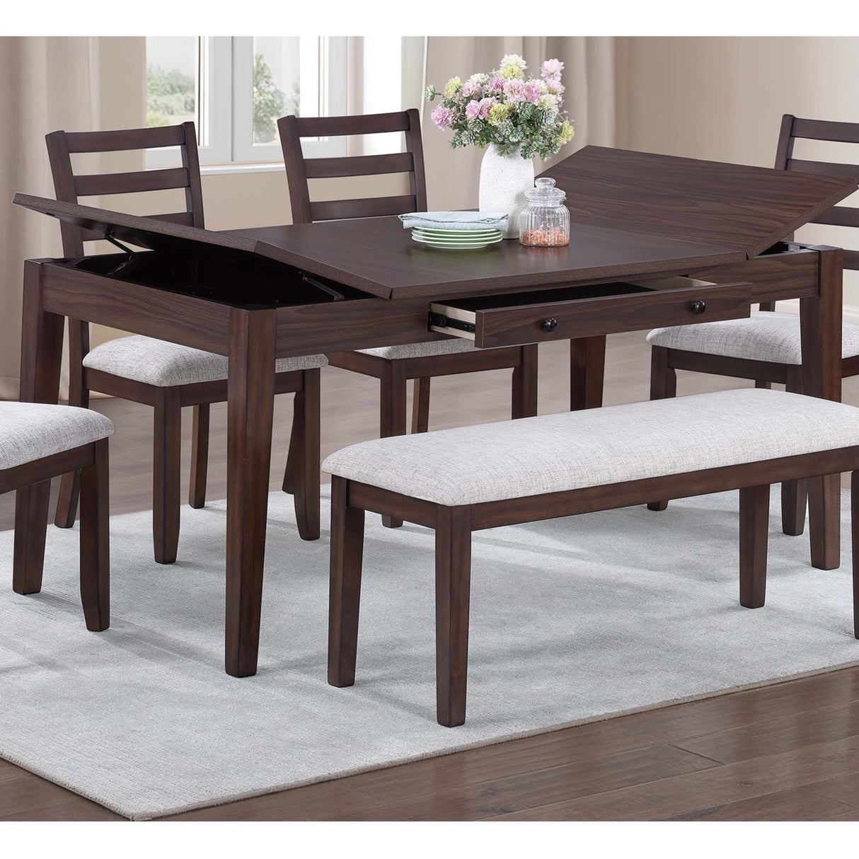 Dining Table With Built In Lift Top Storage And Drawer, Rectangular Furniture - Walnut