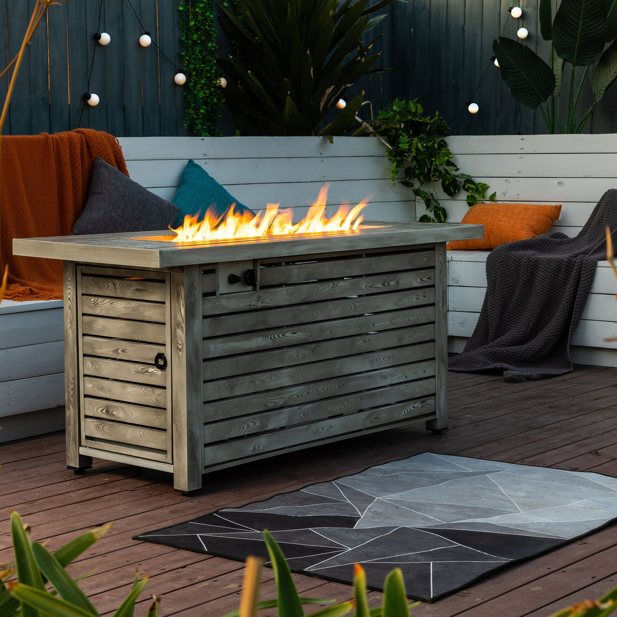 Propane Gas Fire Pit Table, 50000 Btu, Rectangular For Outside - Light Beige