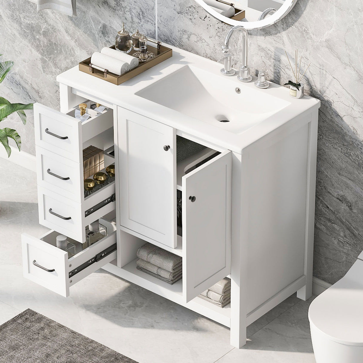Bathroom Vanity With Sink Top, Bathroom Vanity Cabinet With 2 Doors And 2 Drawers, Open Shelf