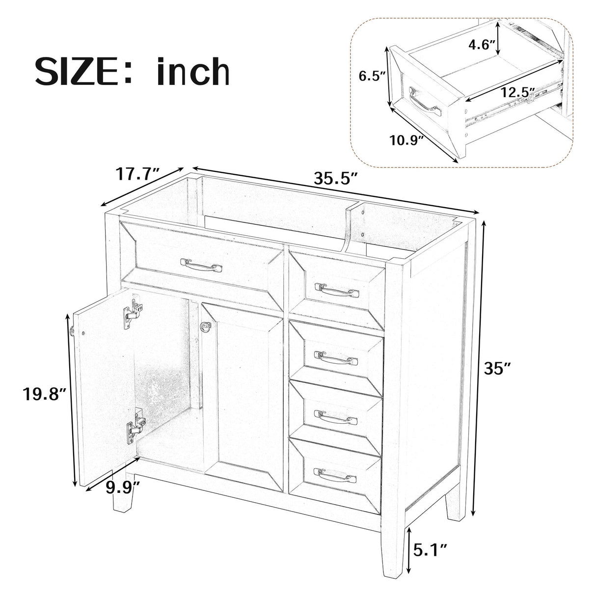Modern Bathroom Vanity Base Only, 2 Doors And 3 Drawers