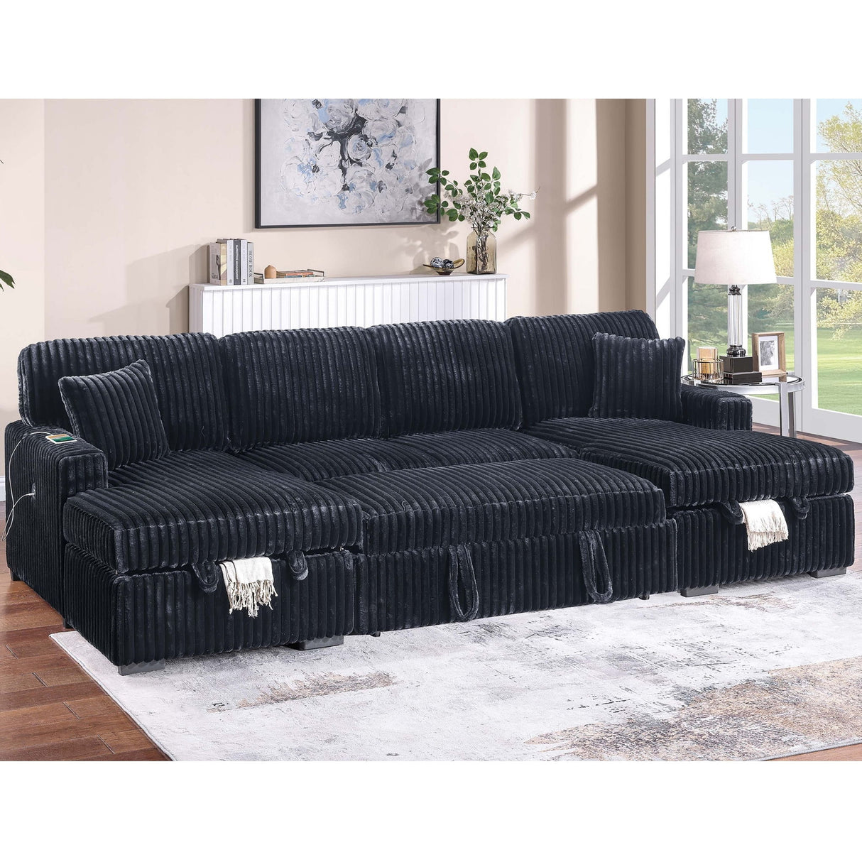 Convertible Sectional Upholstered Sleeper Sofa With Storage Chaise