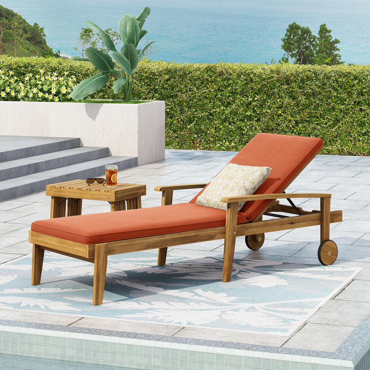 Jason - Chaise Lounge Acacia Wood Adjustable Outdoor Chair - Orange