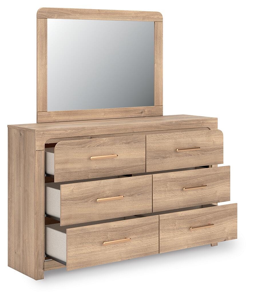 Kinlanni Queen Upholstered Panel Bed, Dresser and Mirror - PCB1360B13