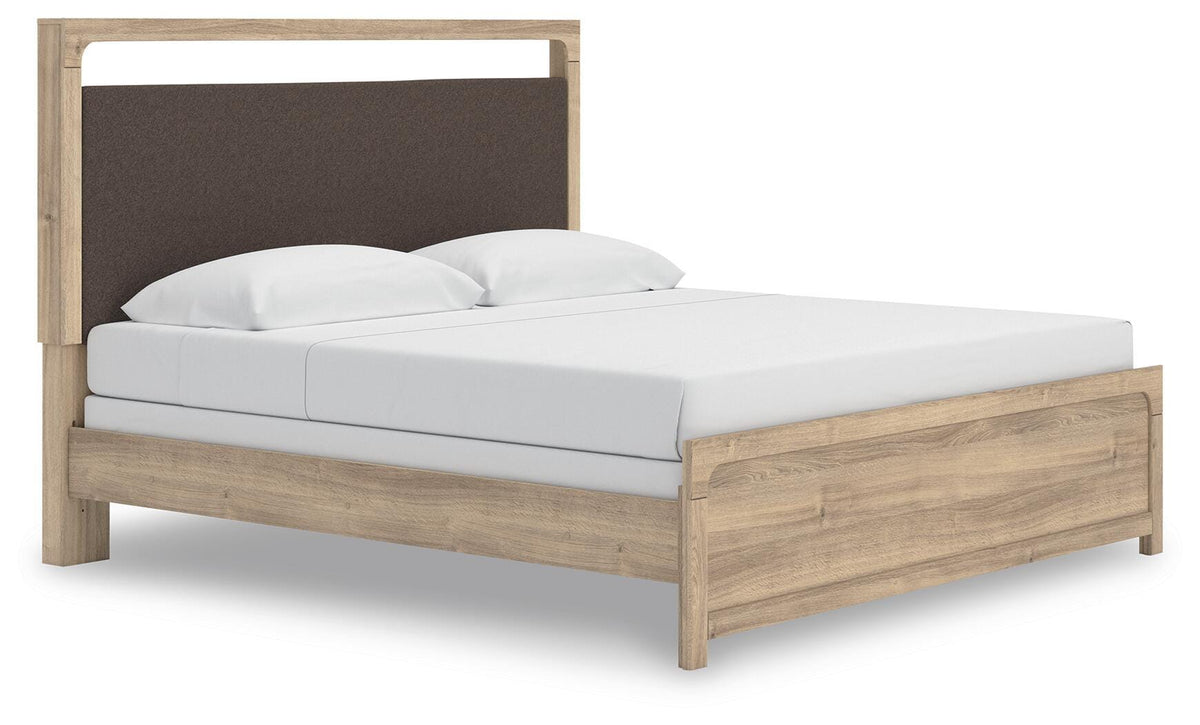 Kinlanni King Upholstered Panel Bed, Dresser, Mirror and Nightstand - B1360B18