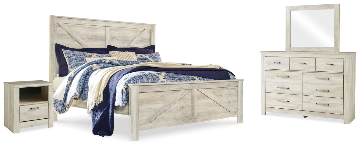 Bellaby King Crossbuck Panel Bed, Dresser, Mirror, and Nightstand - B331B15