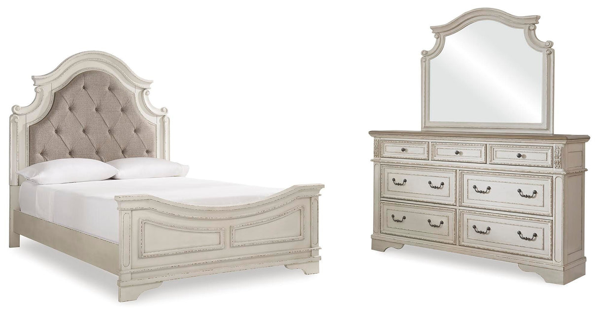 Realyn Queen Upholstered Panel Bed, Dresser and Mirror - B743B3