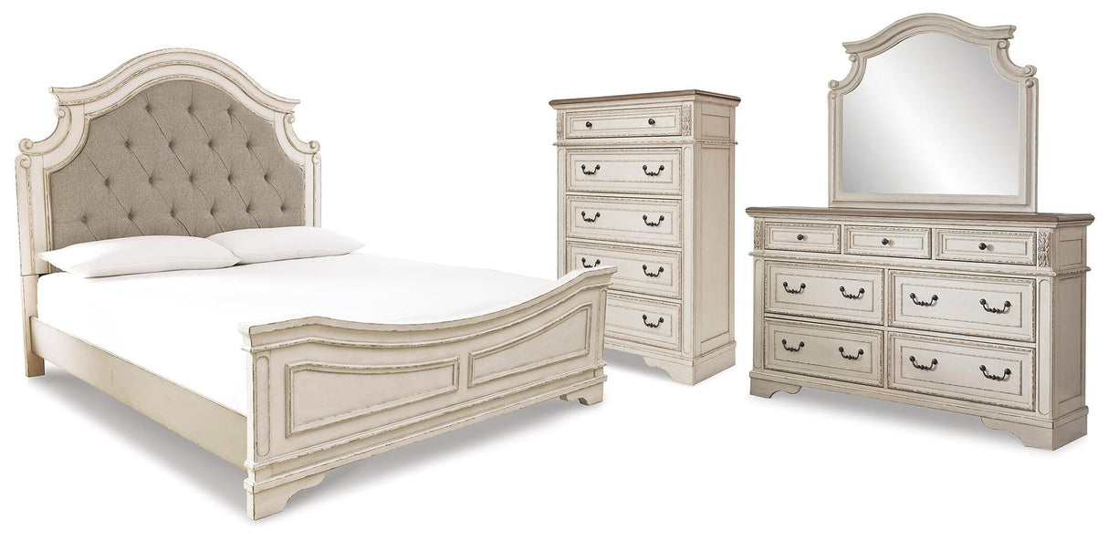 Realyn King Panel Upholstered Bed, Dresser, Mirror and Chest - B743B68