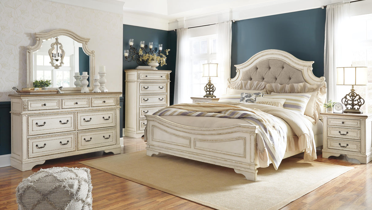 Realyn King Upholstered Panel Bed, Dresser and Mirror - B743B52