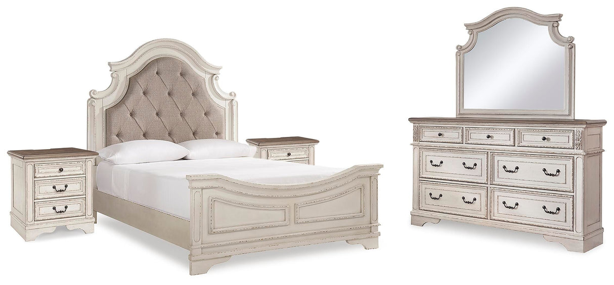 Realyn Queen Upholstered Panel Bed, Dresser, Mirror and 2 Nightstands - B743B56