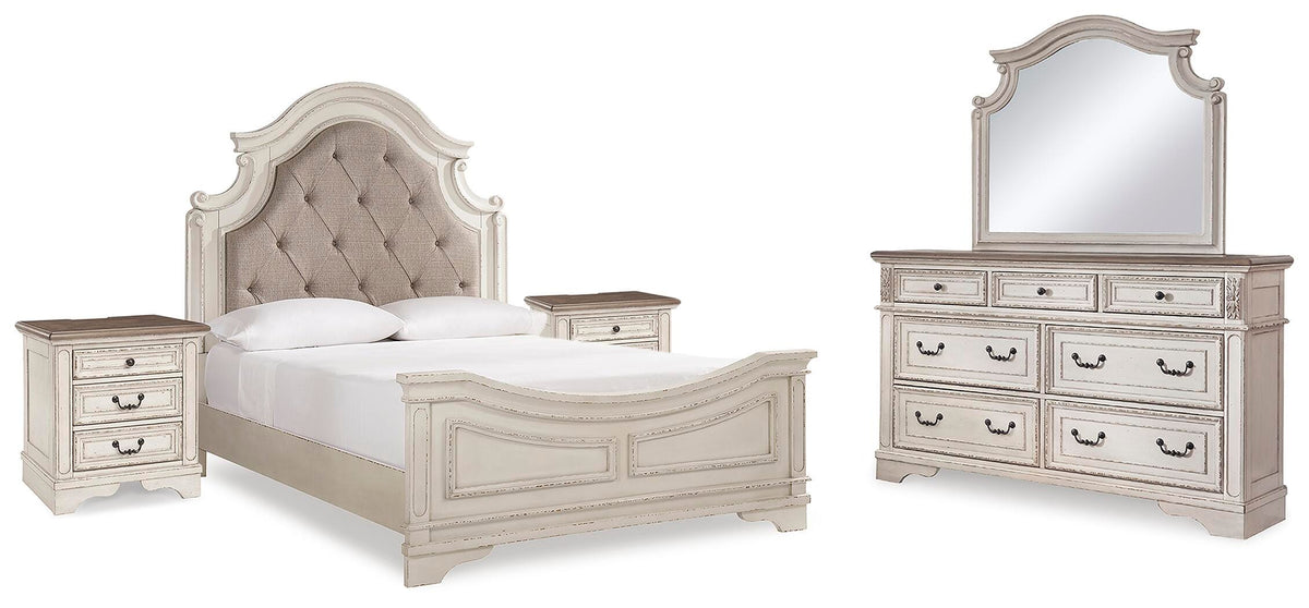 Realyn Queen Upholstered Panel Bed, Dresser, Mirror and 2 Nightstands - B743B56