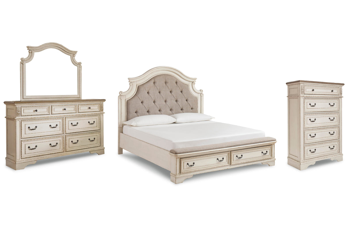 Realyn California King Upholstered Bed, Dresser, Mirror and Chest - B743B25