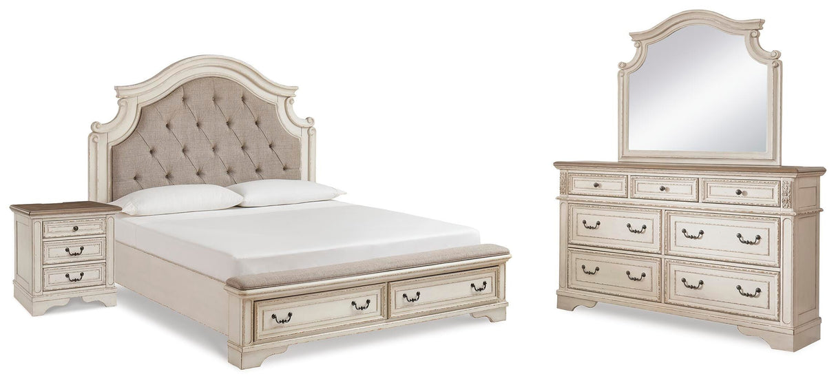 Realyn King Upholstered Panel Bed, Dresser, Mirror and Nightstand - B743B33