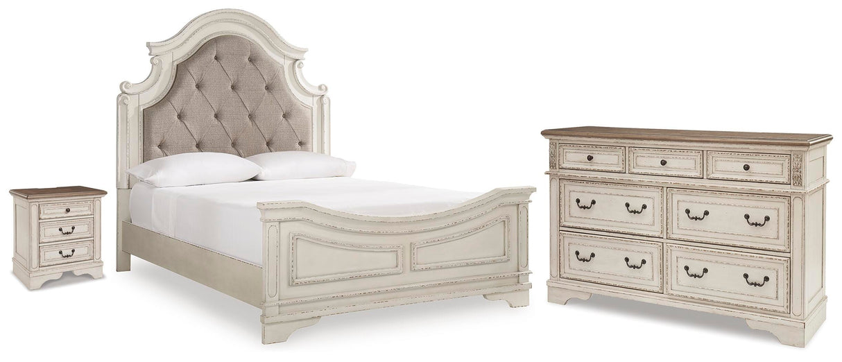 Realyn Queen Upholstered Panel Bed, Dresser and Nightstand - B743B101