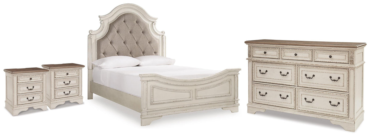 Realyn Queen Upholstered Panel Bed, Dresser and 2 Nightstands - B743B67