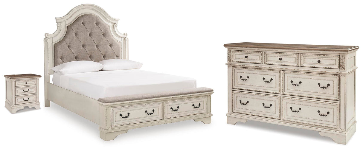 Realyn Queen Upholstered Storage Bed, Dresser and Nightstand - B743B100