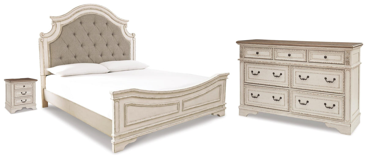 Realyn King Upholstered Panel Bed, Dresser and Nightstand - B743B106