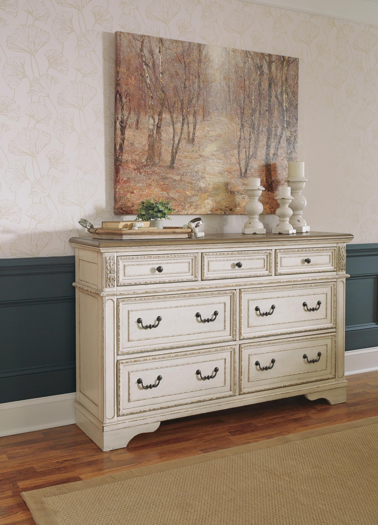 Realyn Queen Upholstered Panel Bed, Dresser and Nightstand - B743B101