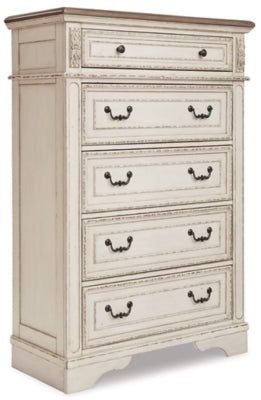 Realyn California King Upholstered Bed, Dresser, Mirror and Chest - B743B25