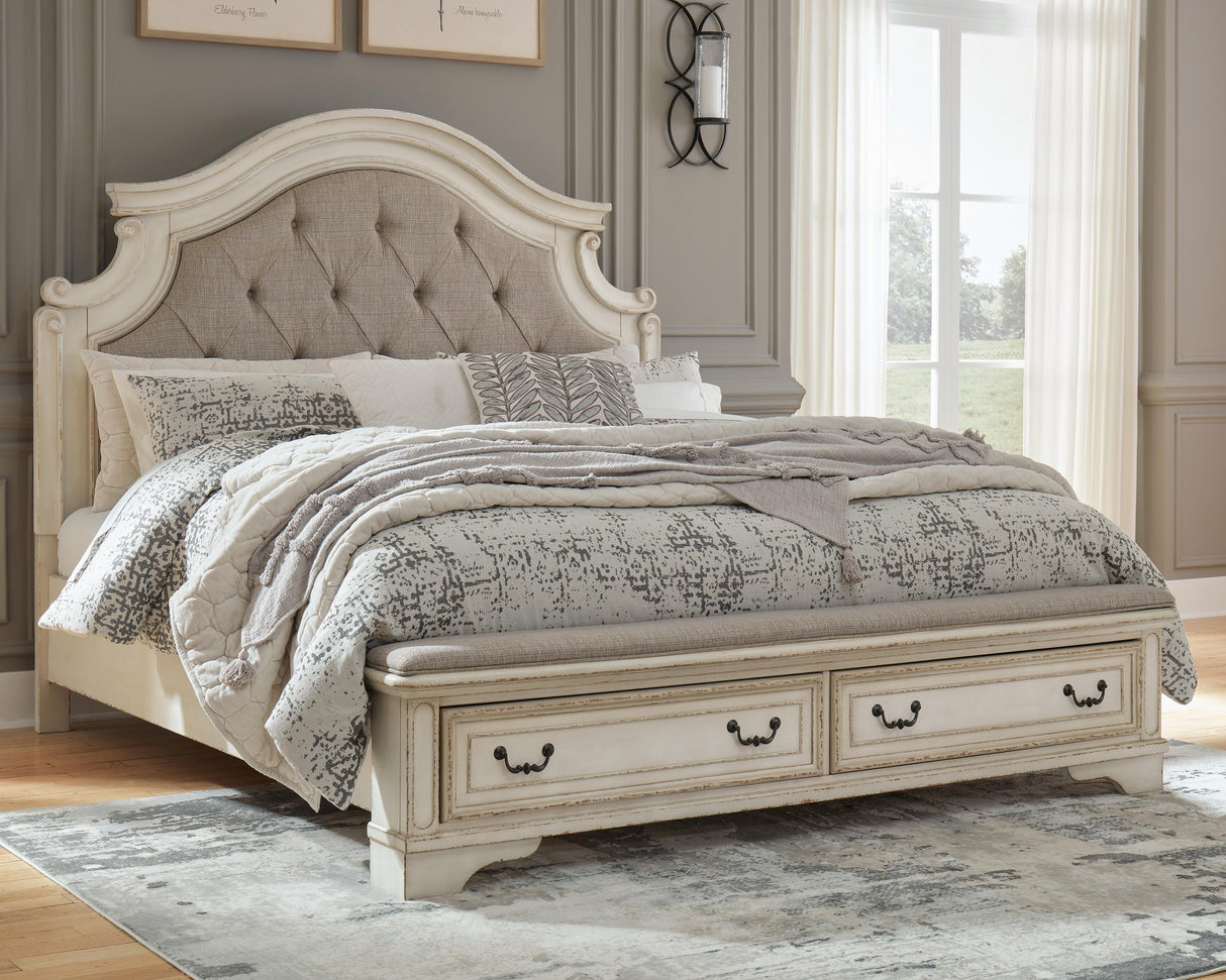 Realyn Queen Upholstery Panel Bed, Dresser, Mirror and Nightstand - B743B36