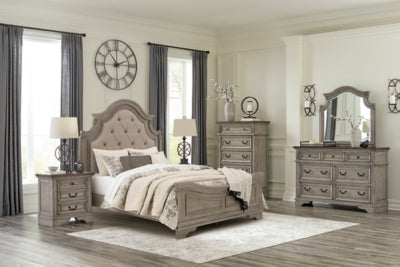 Lodenbay Queen Upholstered Panel Bed, Dresser, Mirror, Chest and Nightstand - B751B9