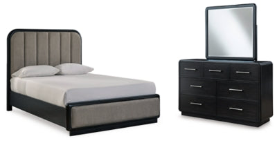 Rowanbeck Queen Upholstered Panel Bed, Dresser and Mirror - B821B3