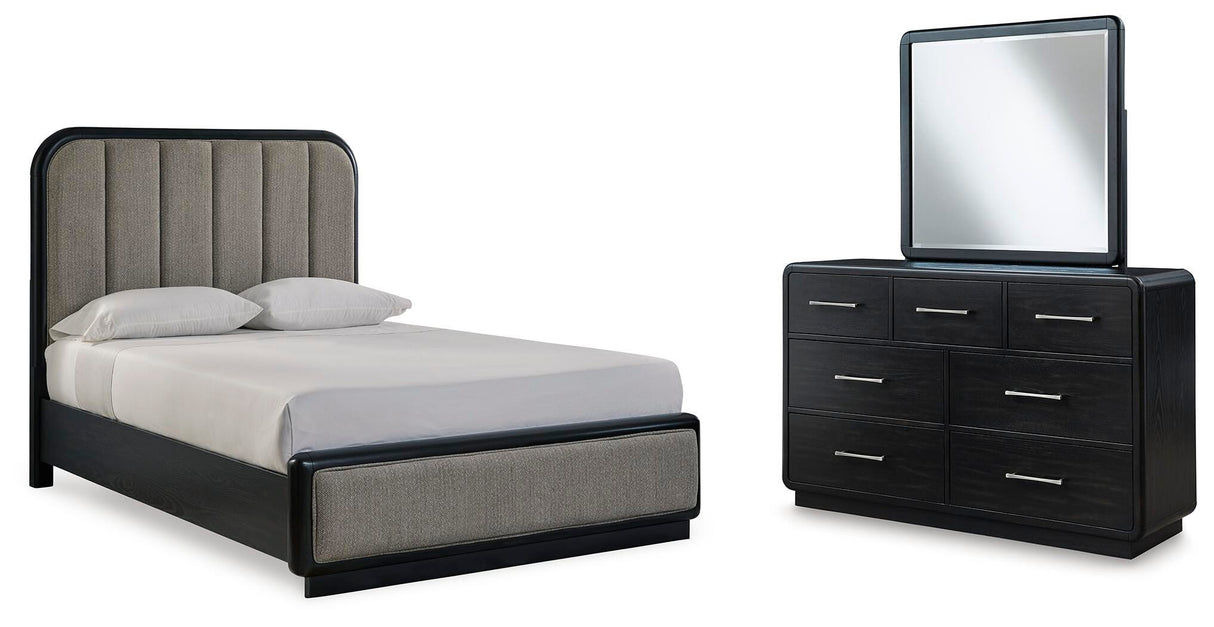 Rowanbeck Queen Upholstered Panel Bed, Dresser and Mirror - B821B3