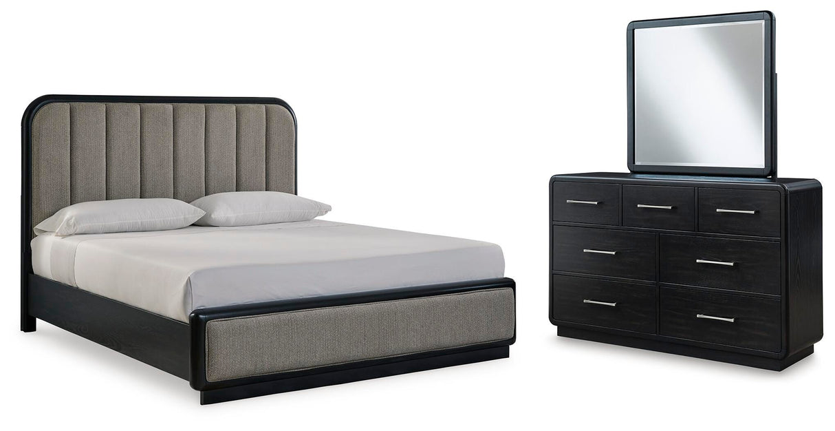 Rowanbeck California King Upholstered Panel Bed, Dresser and Mirror - B821B7