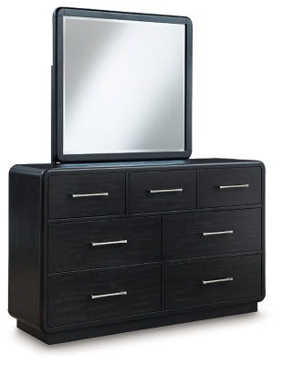 Rowanbeck Queen Upholstered Panel Bed, Dresser and Mirror - B821B3
