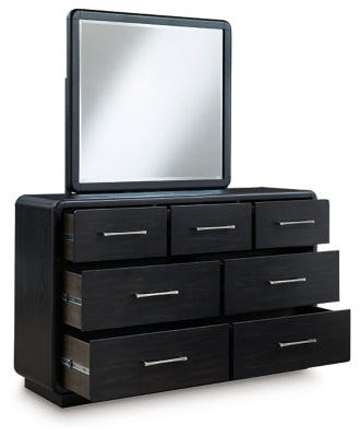 Rowanbeck Queen Upholstered Panel Bed, Dresser and Mirror - B821B3