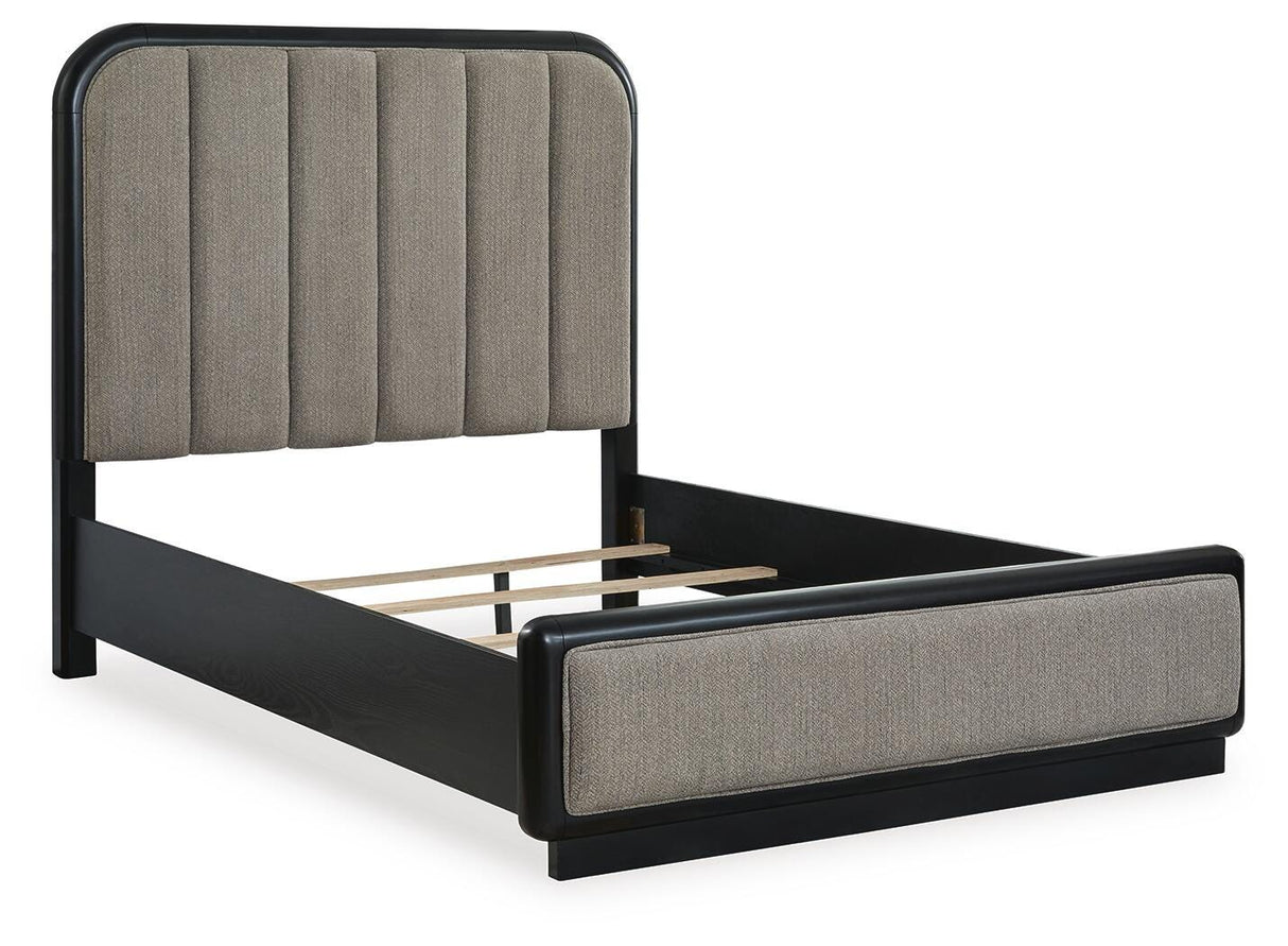 Rowanbeck Queen Upholstered Panel Bed, Dresser and Mirror - B821B3