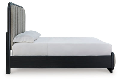 Rowanbeck Queen Upholstered Panel Bed, Dresser and Mirror - B821B3