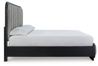 Rowanbeck California King Upholstered Panel Bed, Dresser and Mirror - B821B7