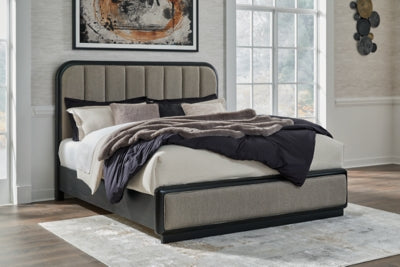 Rowanbeck King Upholstered Panel Bed, Dresser and Mirror - B821B6