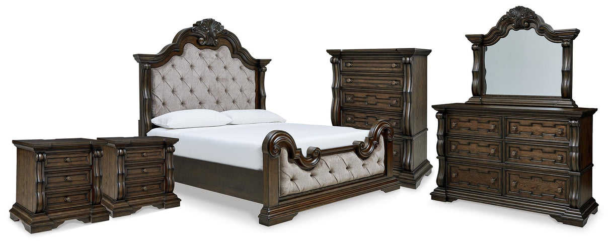 Maylee King Upholstered Bed, Dresser, Mirror, Chest and 2 Nightstands - B947B13